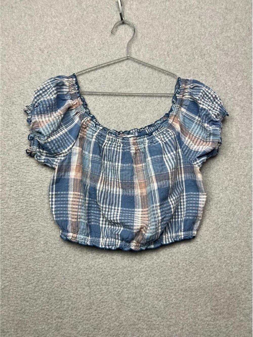 American Eagle Plaid Crop Top M Off The Shoulder Puff Sleeve Boho Cottagecore